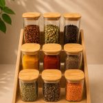 جا ادویه 12 پارچه پیرکس مربع درب بامبو همراه با استند